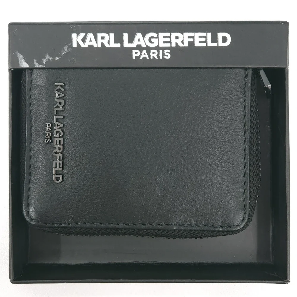 Karl Lagerfeld Paris Zip Around Black Leather Square Wallet Logo Womens Pocket